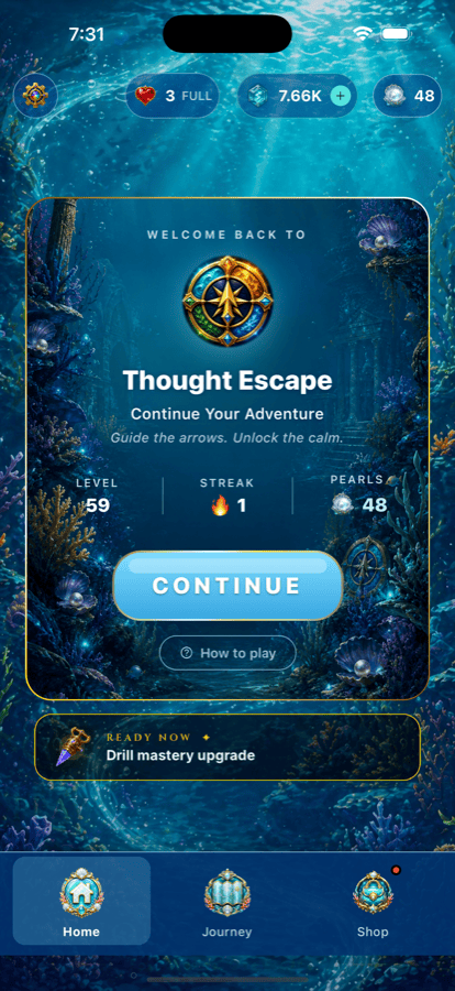 Ocean world home screen — Moon Pearls counter, continue button, themed background